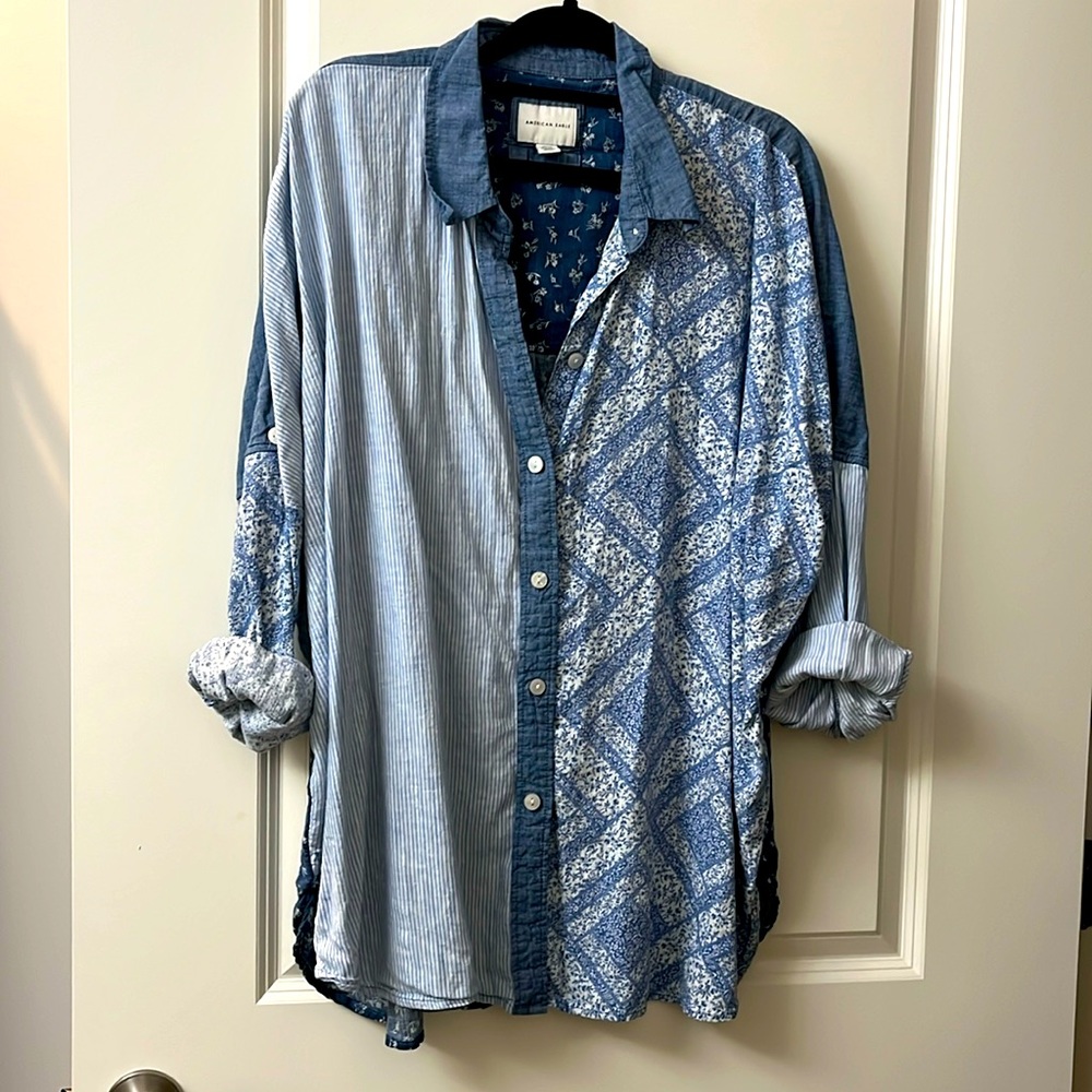 American Eagle Outfitters Blue Mixed Pattern Button Down Shirt